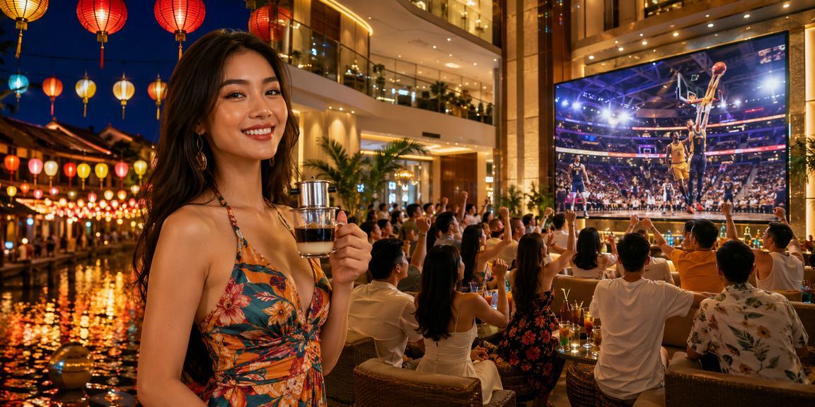 Người dùng Huế ngồi trong quán cà phê, phân tích bảng tỷ lệ thưởng bóng rổ và esports trên ứng dụng điện thoại